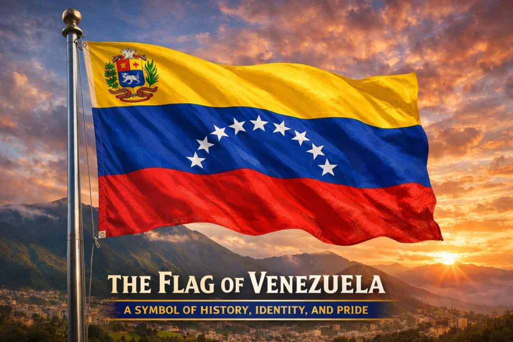 Venezuelan flag waving in the wind with clear sky