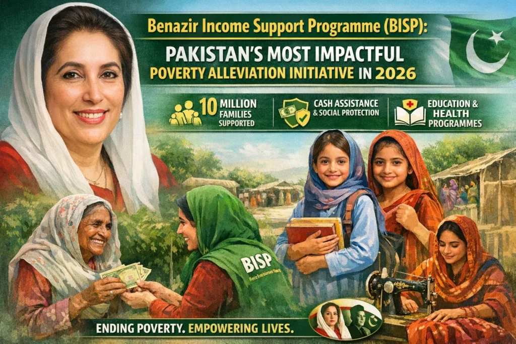 Pakistani woman receiving BISP financial aid at a local government center in 2026