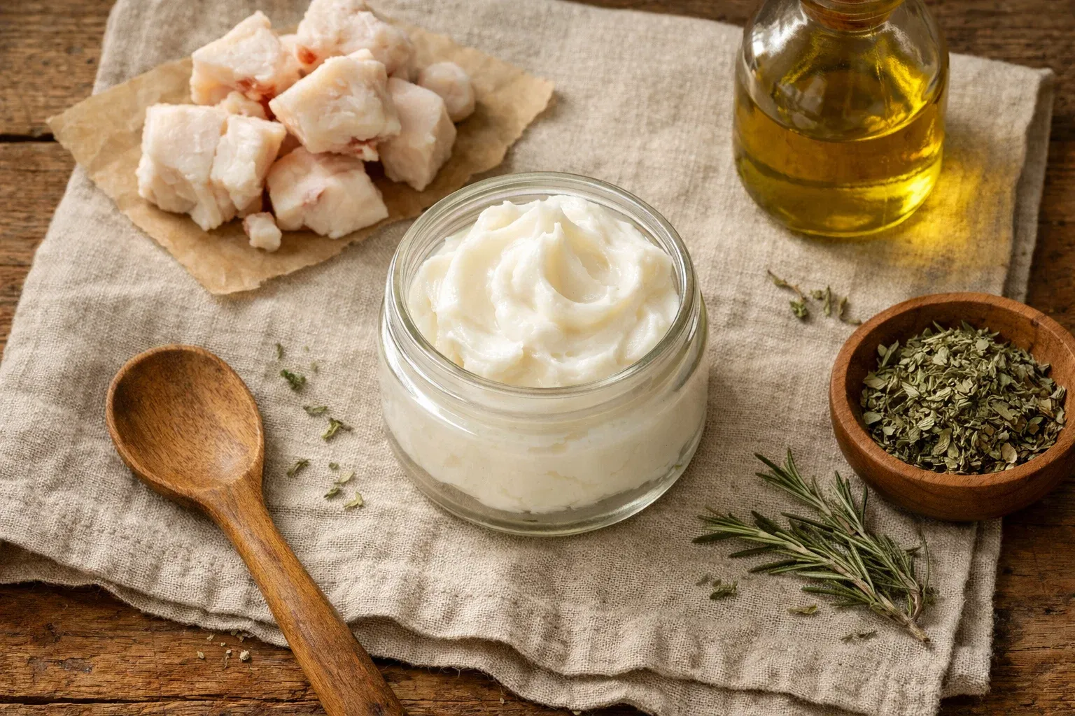 Whipped beef tallow balm in a glass jar with natural elements