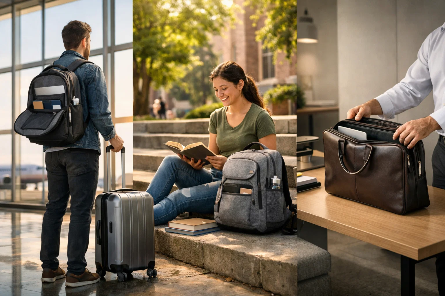 Man and woman using laptop bags during travel school and office commute