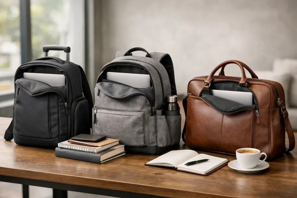 Laptop bag backpack and leather work bag for travel school and office use on wooden desk