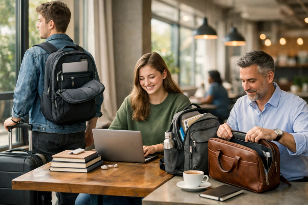 Students and professionals using laptop bags backpack and leather work bag in cafe workspace