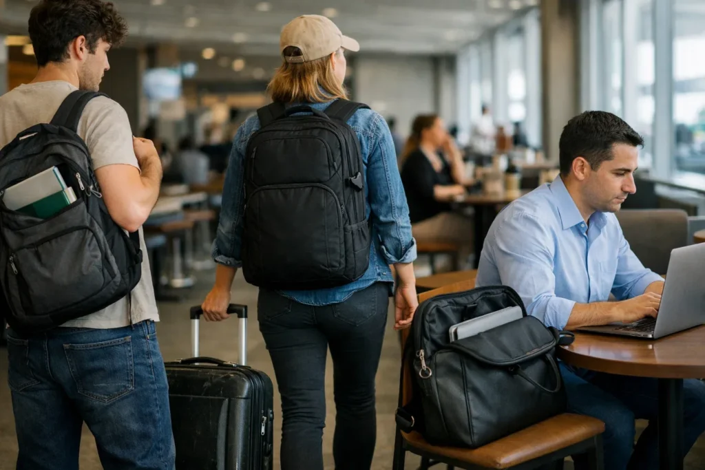 Laptop bag backpack and leather work bag used by students and professionals for school travel and office