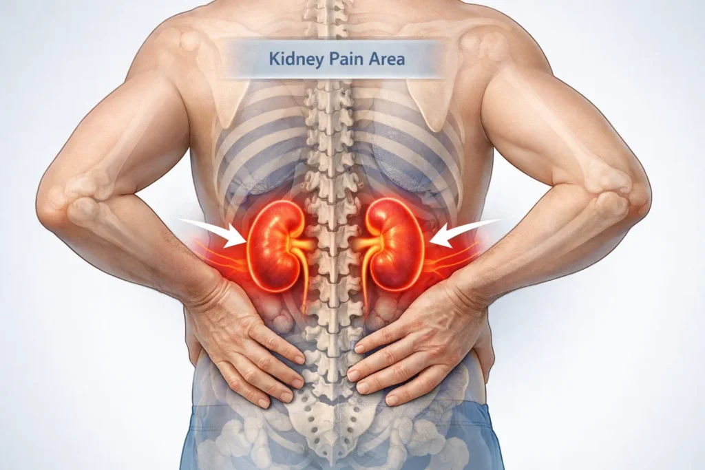 Kidney pain location in lower back near ribs with highlighted kidneys showing where kidney pain is felt in the human body