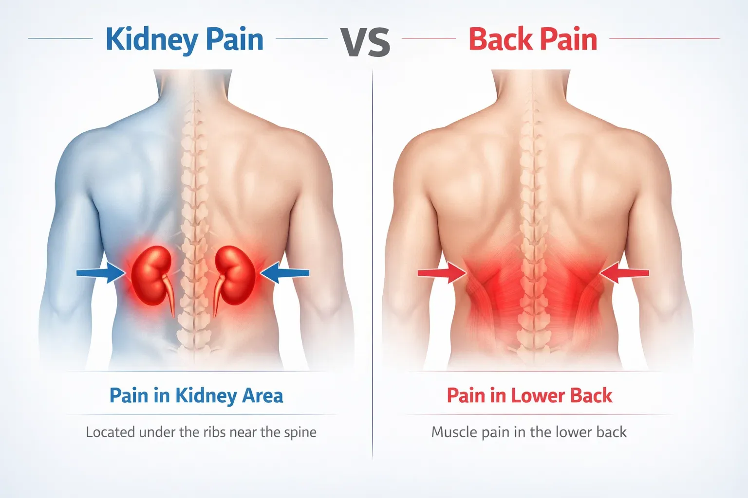 Kidney pain vs back pain diagram showing kidney pain under the ribs near the spine and lower back muscle pain location
