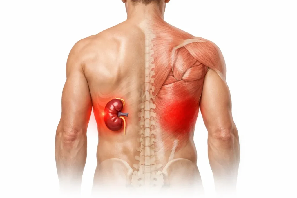 Kidney pain vs back pain visual comparison showing kidney area near ribs and lower back muscle pain