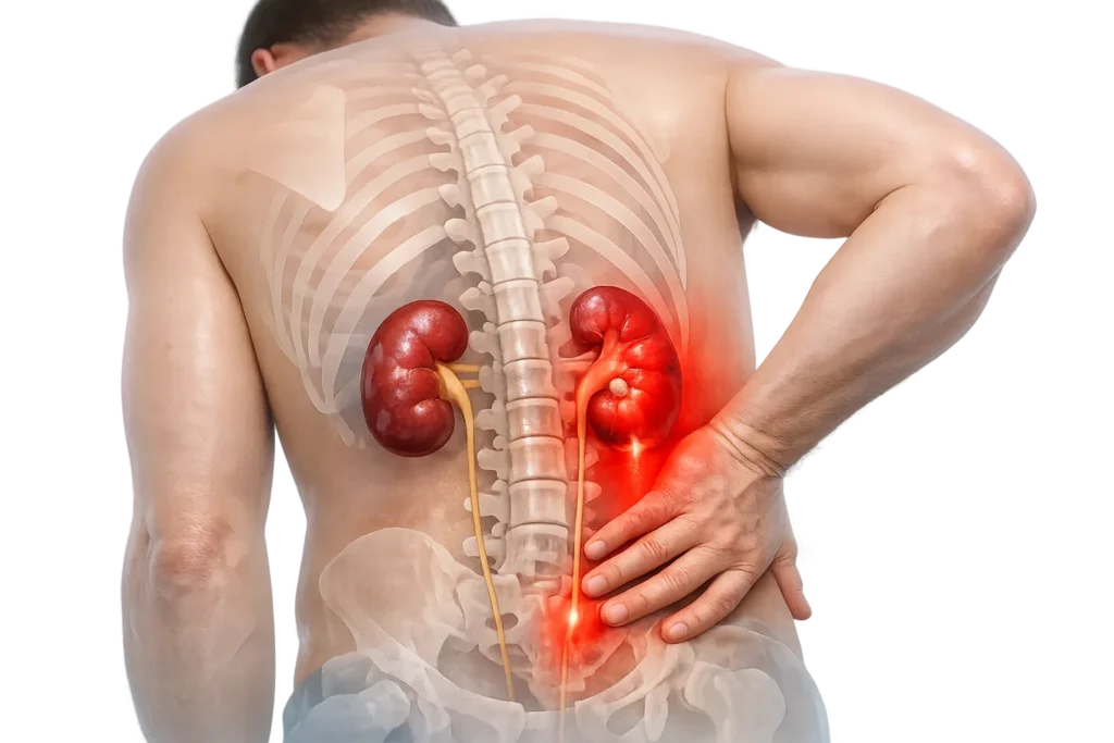 Kidney stone pain illustration showing stone in ureter with pain radiating from kidney to lower abdomen