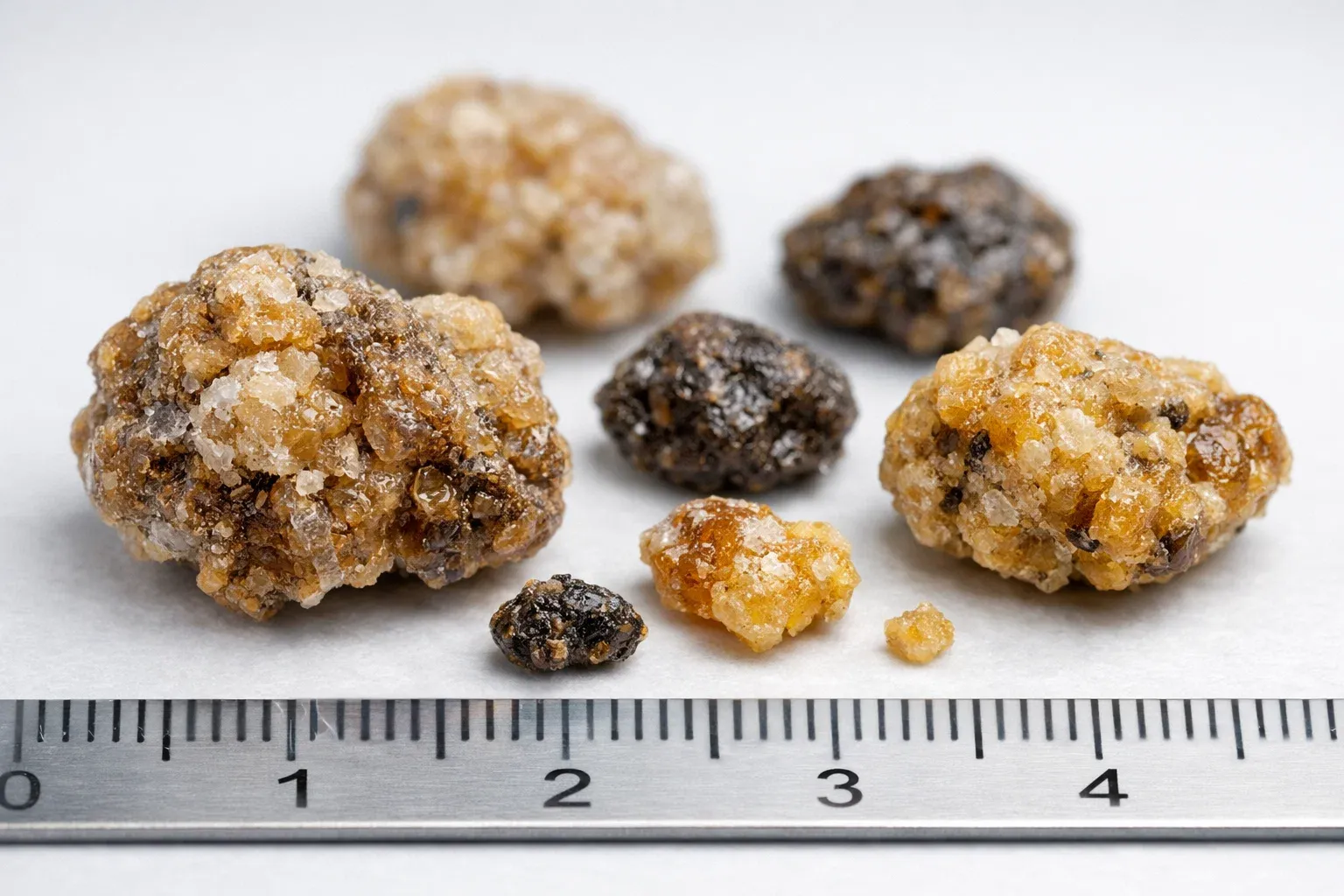 Real kidney stones next to measurement ruler showing size and rough mineral texture