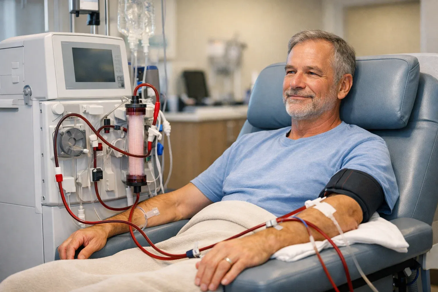Patient receiving dialysis treatment connected to dialysis machine in a modern clinic