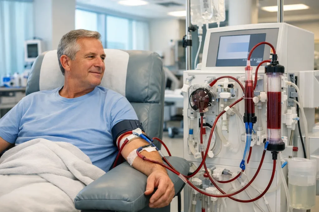 Patient receiving dialysis treatment connected to a dialysis machine in a hospital clinic