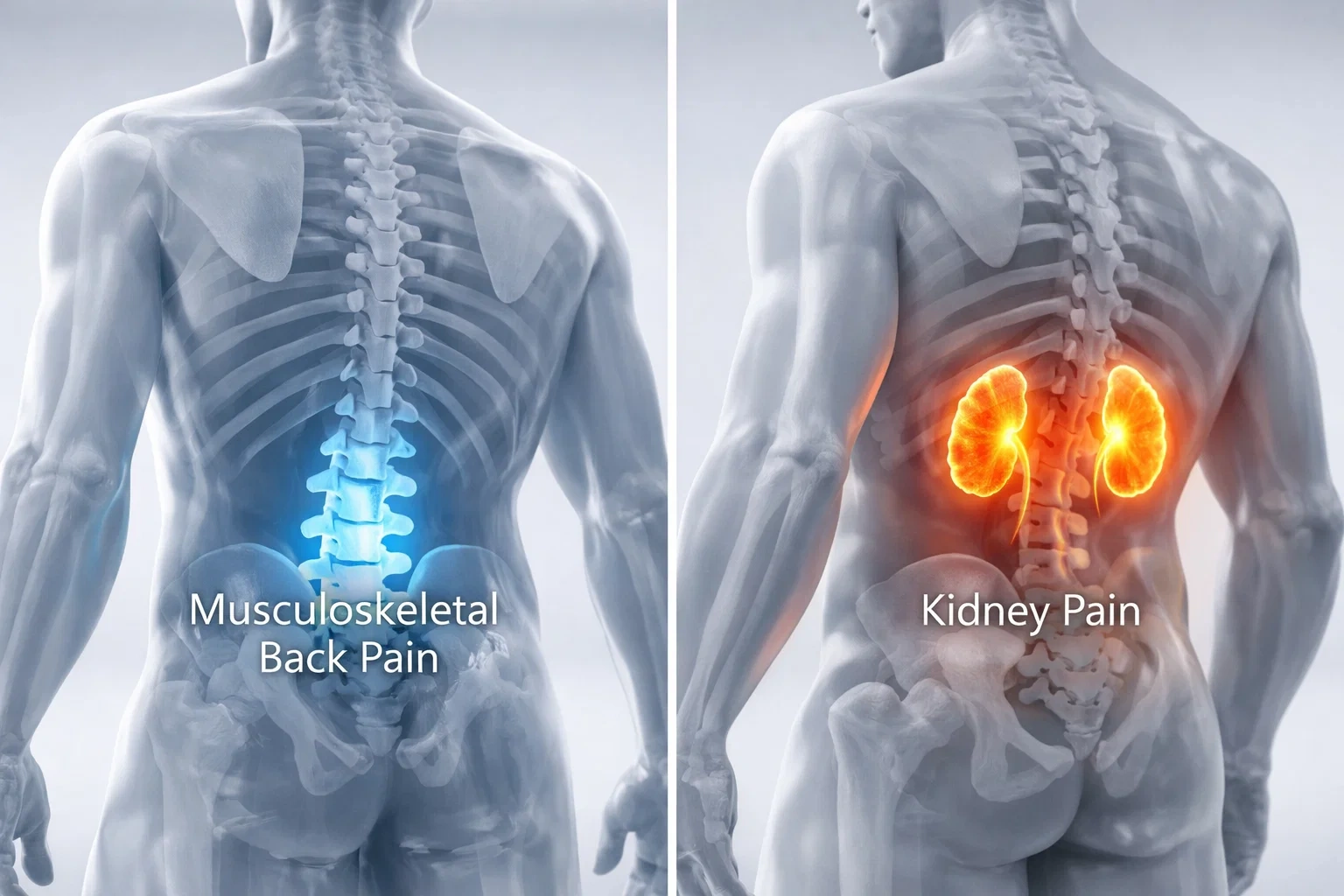 Anatomical diagram comparing kidney pain in the upper flank versus musculoskeletal back pain in the lower lumbar region.
