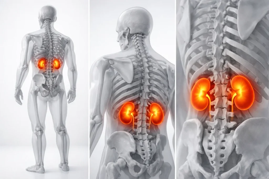 Medical illustration highlighting the anatomical difference between the upper flank region, indicative of kidney pain, and the lower lumbar region, associated with back muscle pain.