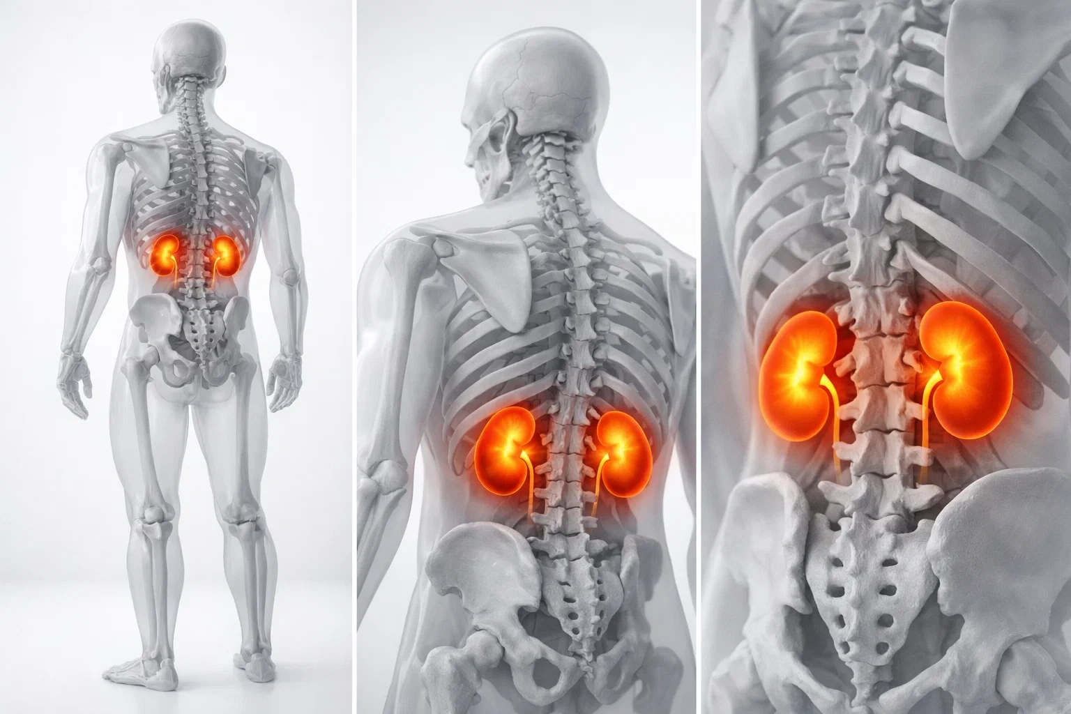 Medical illustration highlighting the anatomical difference between the upper flank region, indicative of kidney pain, and the lower lumbar region, associated with back muscle pain.