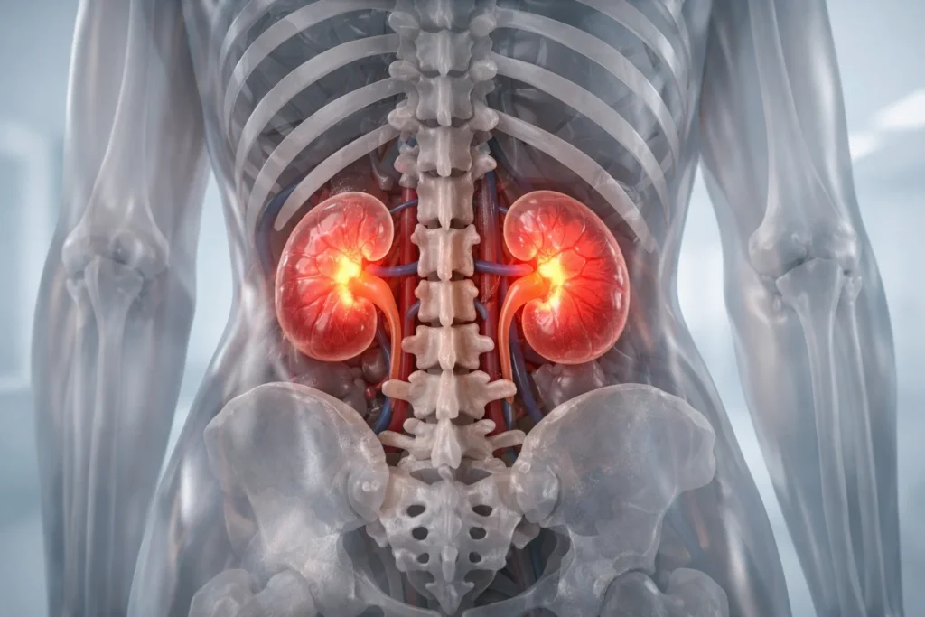 Anatomy diagram highlighting the costovertebral angle on the human back where the kidneys are located.