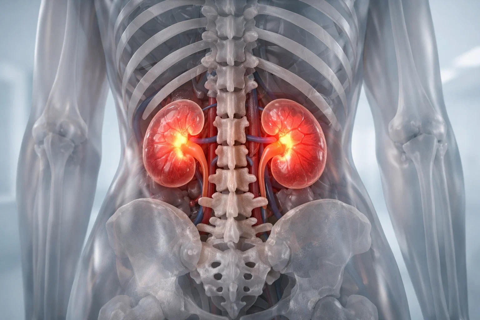 Anatomy diagram highlighting the costovertebral angle on the human back where the kidneys are located.