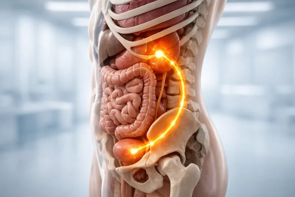 Anatomical illustration showing the path of radiating pain caused by a kidney stone moving from the flank to the lower abdomen.