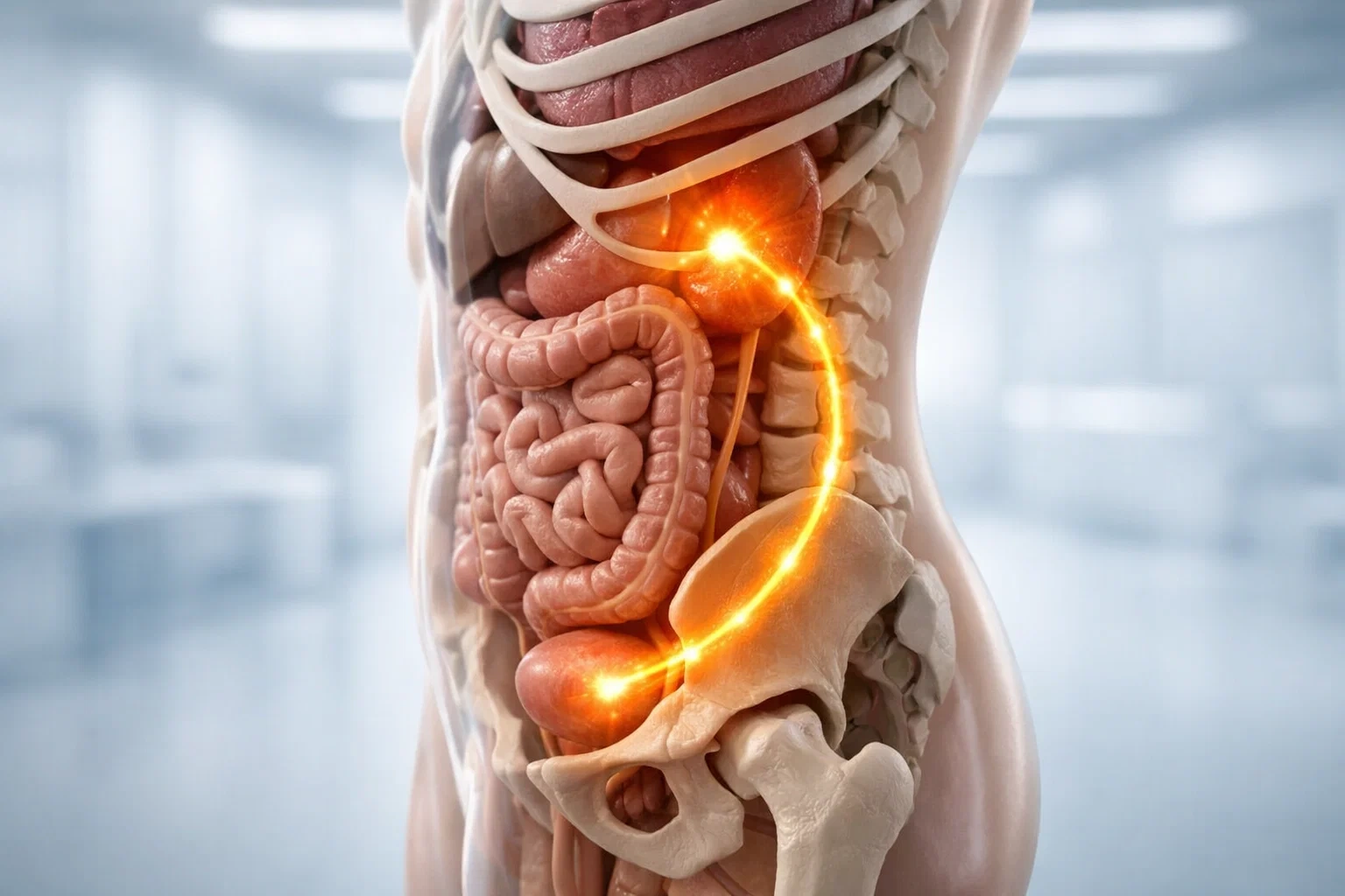 Anatomical illustration showing the path of radiating pain caused by a kidney stone moving from the flank to the lower abdomen.