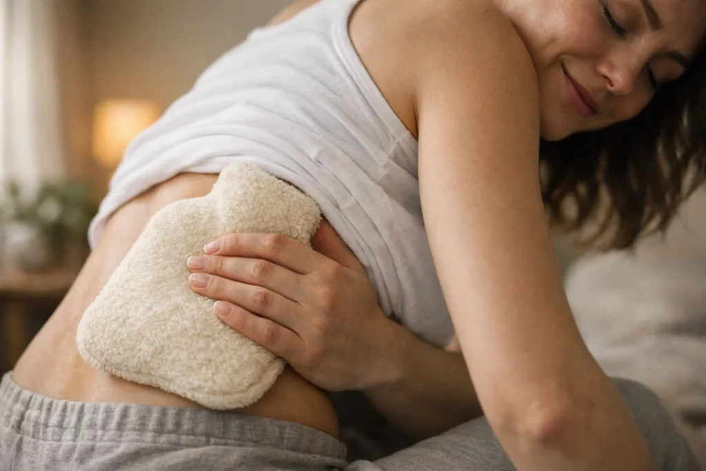A person applying a warm compress to their flank area to help alleviate mild kidney pain.