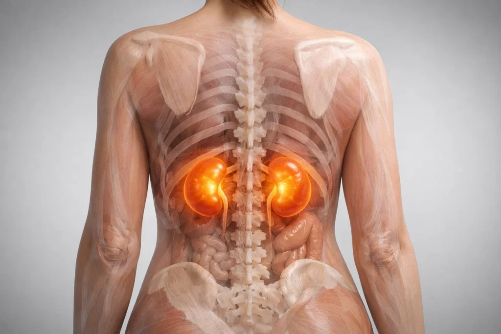 Anatomical illustration highlighting the flank area on the female back where the kidneys are located.