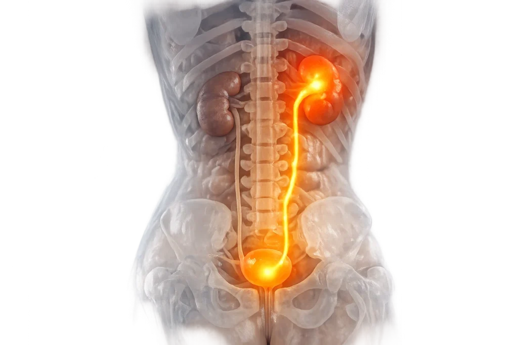 Anatomy diagram showing the progression of infection from the bladder to the kidneys in a female body.