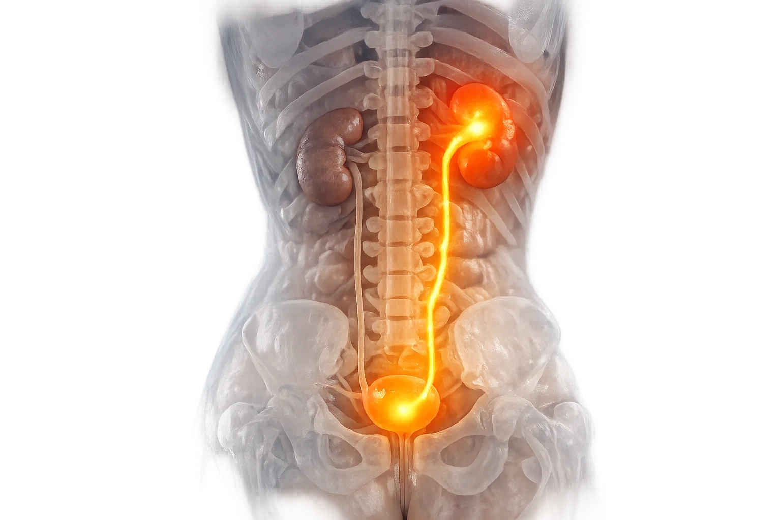 Anatomy diagram showing the progression of infection from the bladder to the kidneys in a female body.