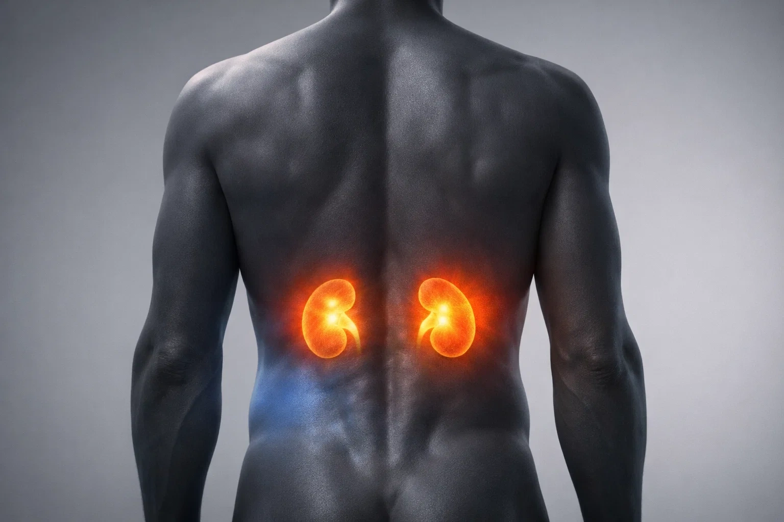 Anatomical comparison showing the difference between lower lumbar muscle pain and upper flank kidney pain.
