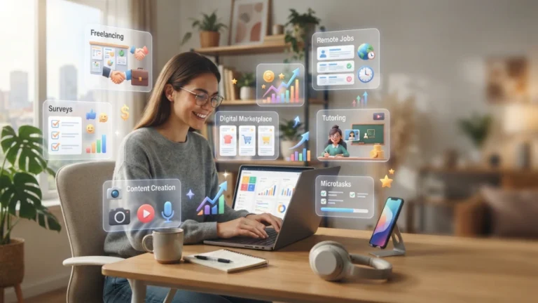 Person using a laptop with freelance, survey, and online work icons representing websites to earn money online.