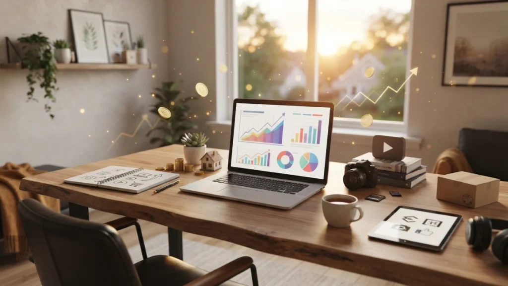 Laptop displaying charts with income symbols, investments, and digital assets representing passive income opportunities.