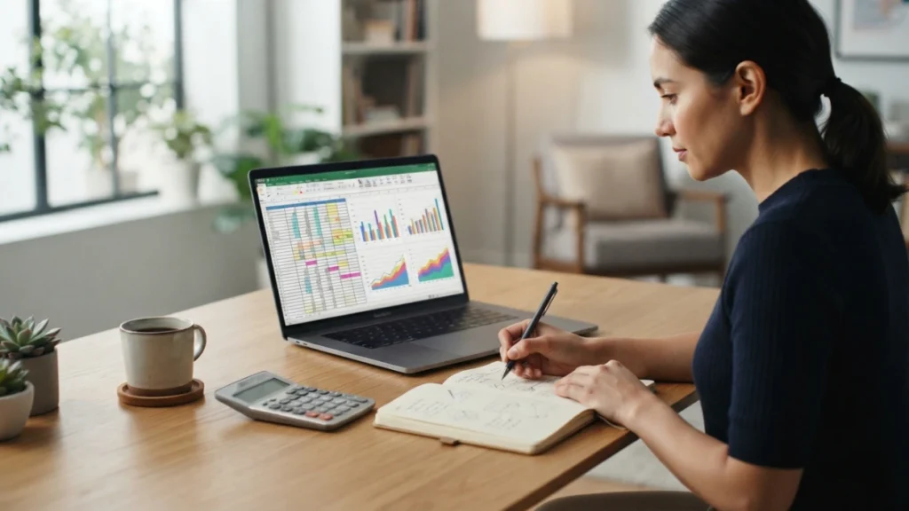 Excel spreadsheet with charts, highlighted formulas, and business data illustrating growth and percentage calculations.