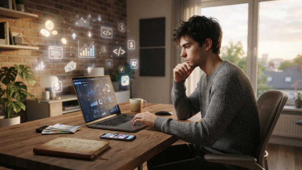 Person working on a laptop in a modern home office with digital income icons and cash symbolizing online earning.