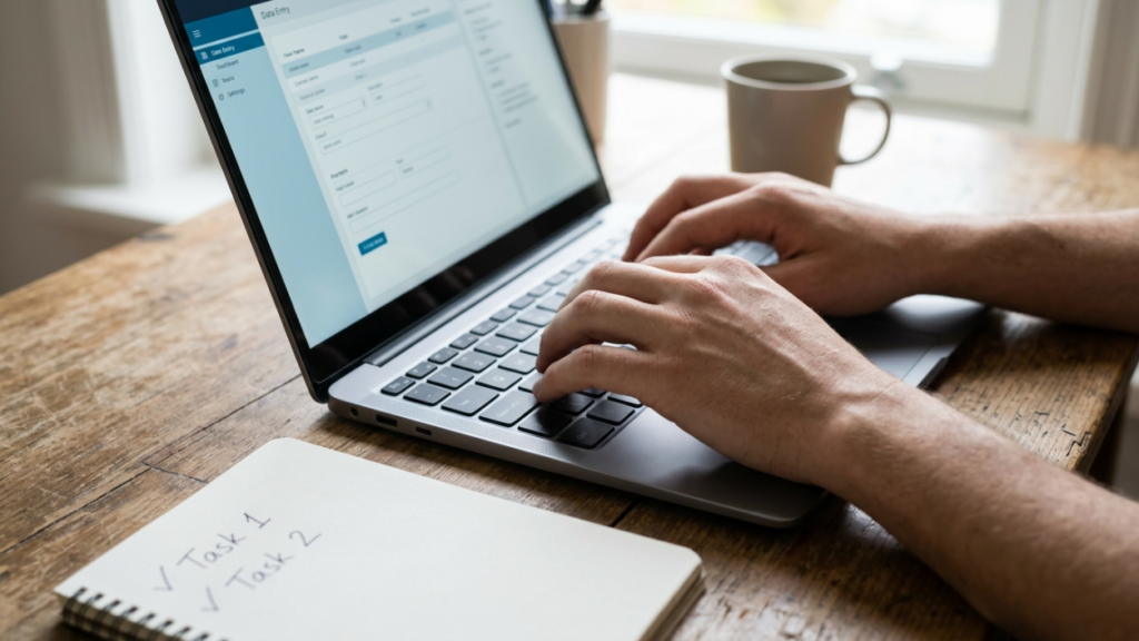 Person working on a laptop to earn money online with a notebook and coffee on a wooden desk.