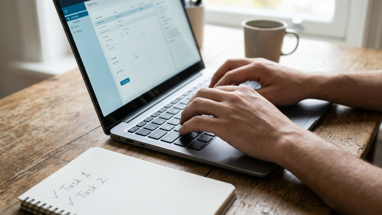 Person working on a laptop to earn money online with a notebook and coffee on a wooden desk.